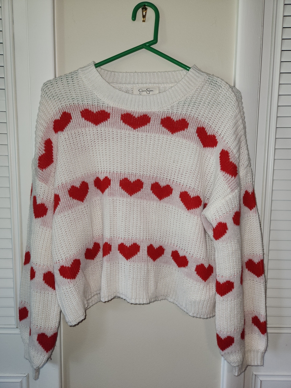 Jessica Simpson White Crewneck Sweater with Red Heart Stripe